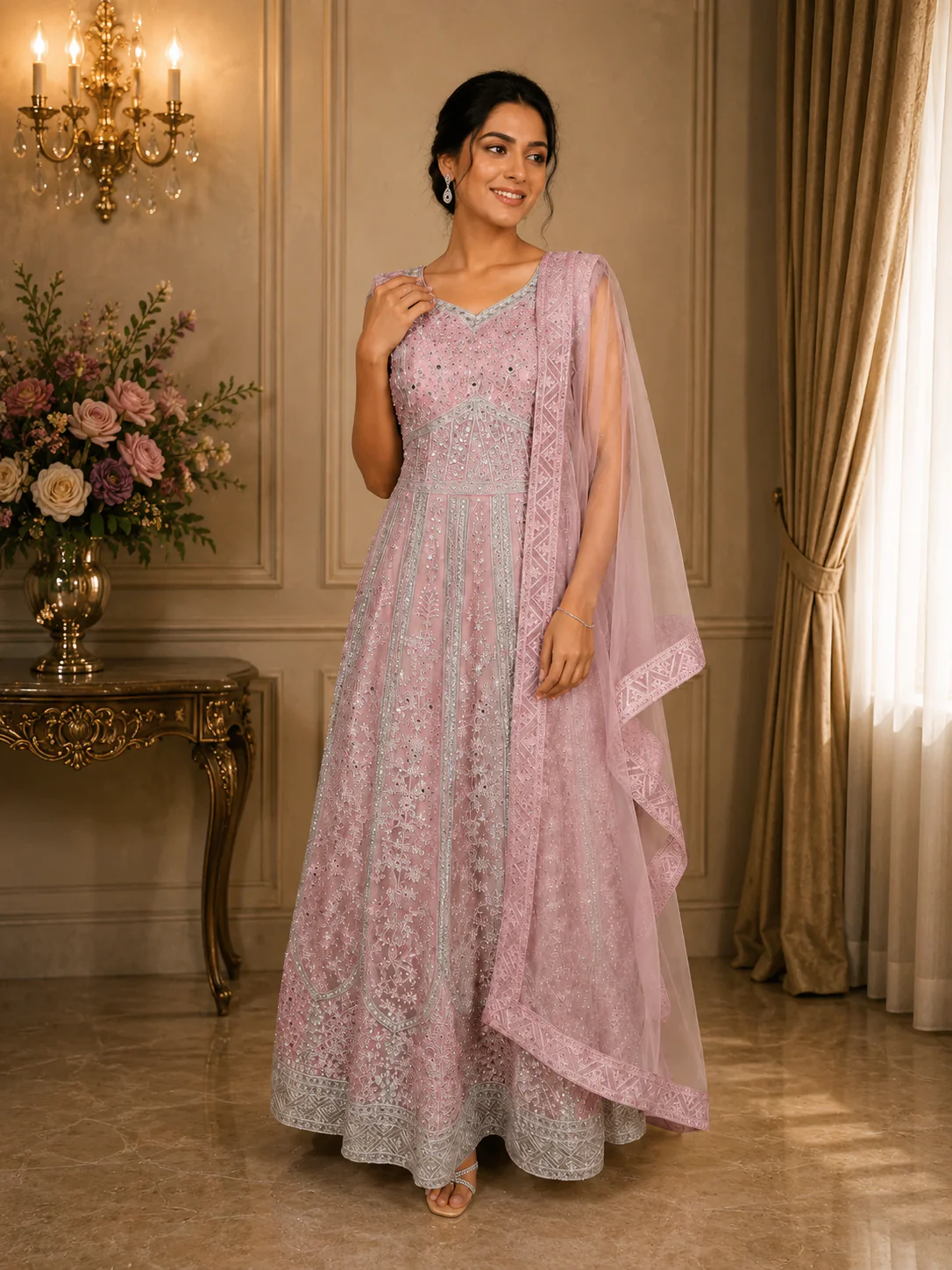 Light Pink Floral Thread and Mirror Embroidered Design Net Gown with Dupatta